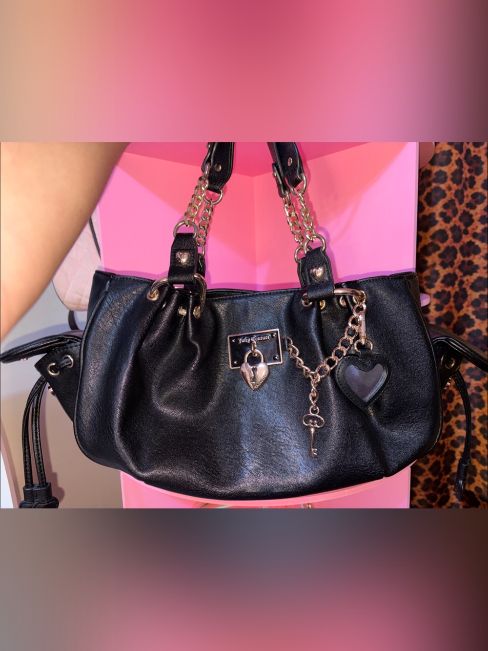 Juicy Couture Black Chain-Accent Shoulder Bag with Heart Charm